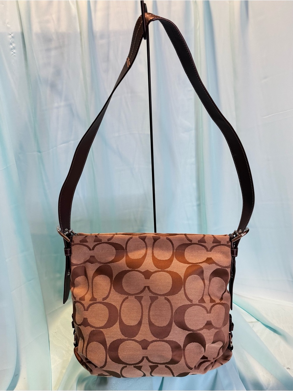 COACH Signature Monogram Shoulder Bag F15068 Tan/Brown Purse Authentic